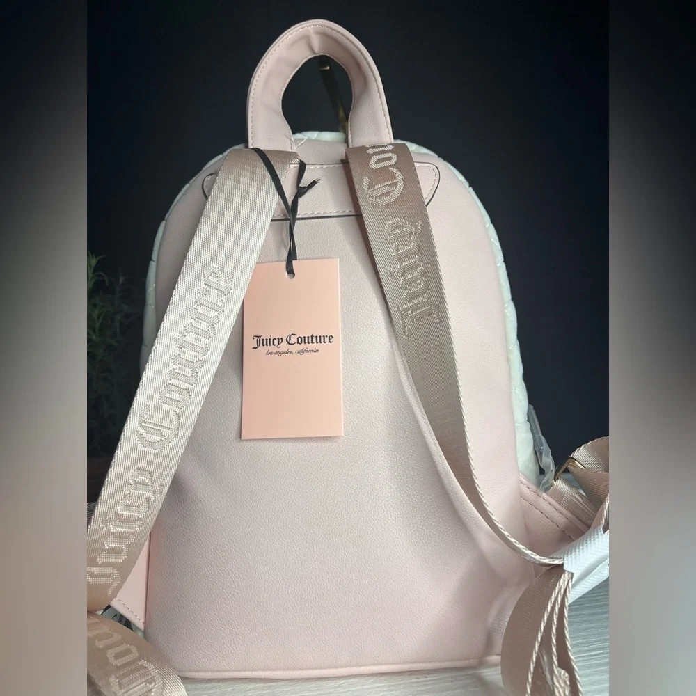 Juicy Couture Royal Moment Quilted Velour Medium Backpack w Pink Heart Charm NWT
